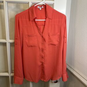 Express Portofino Shirt Women's S Coral Roll Tab Sleeve Blouse Pockets